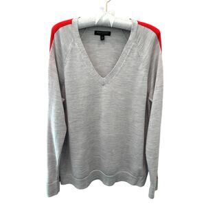 BANANA REPUBLIC | Merino Wool Gray V-Neck Red Stripe Sleeve Sweater | XL